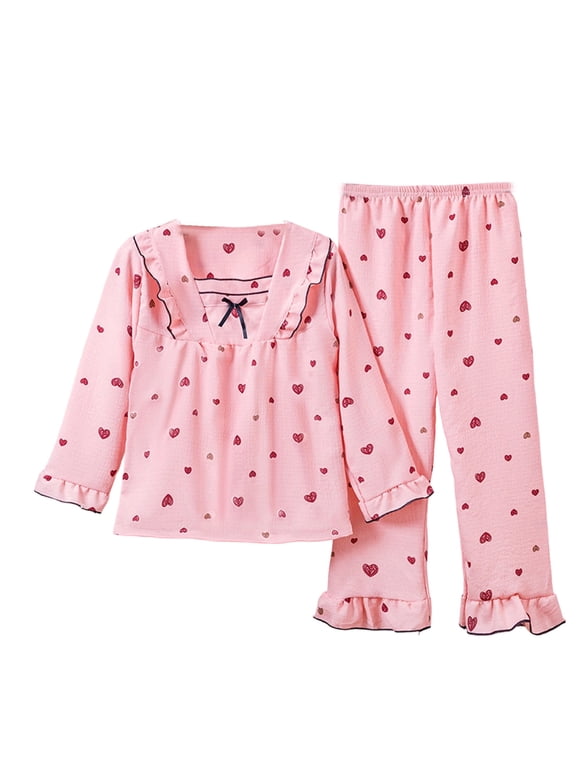 Heart Graphic Pajamas For Girls Long Sleeve Lightweight Blouse And Pants Pajama Set 2 Piece Kids Autumn Cute Comfort Sleepwear,13-14 Years