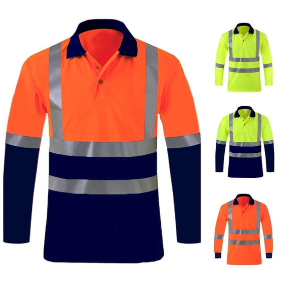 LIIPEE High Visibility Reflective Polo Shirt For Men Long Sleeve Tennis Collar Shirts Male Comfortable Breathable Polos Workwear,L