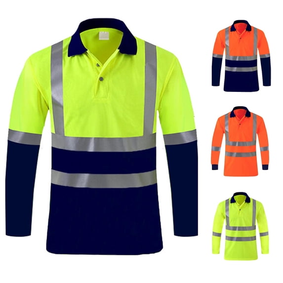 LIIPEE High Visibility Reflective Polo Shirt For Men Long Sleeve Tennis Collar Shirts Male Comfortable Breathable Polos Workwear,XL