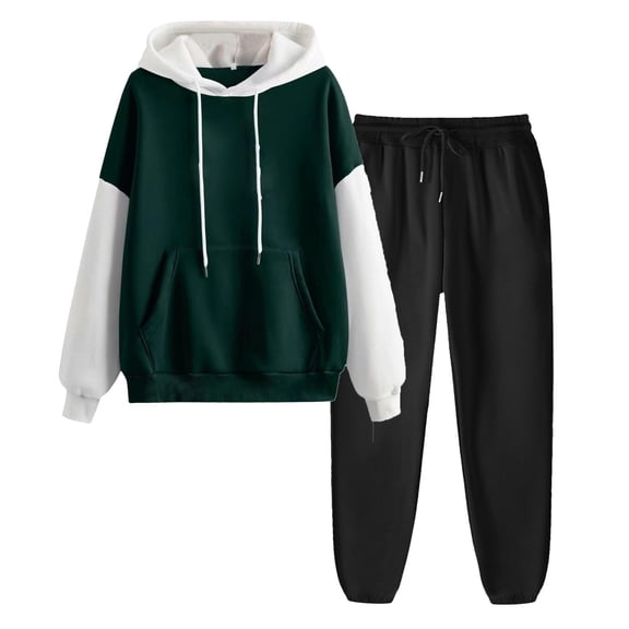 LIIPEE Hoodies Outfits For Women Fall Winter Warm Color Block Long Sleeve Drawstring Hooded Pullover Tops Solid Color Elastic High Waist Trousers Set Woman Leisure Holiday Party Work Outfit,Green,M