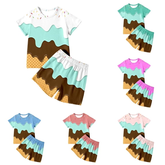 LIIPEE Ice Cream Graphic Outfit Sets For Girls Short Sleeve Tees And Shorts 2 Piece Set Kids Summer Comfortable Cute Casual Outfits,4-5 Years