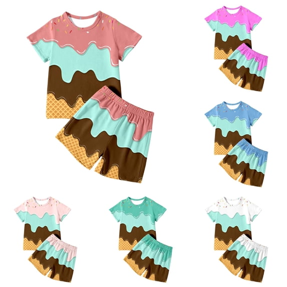 LIIPEE Ice Cream Graphic Outfit Sets For Girls Short Sleeve Tees And Shorts 2 Piece Set Kids Summer Comfortable Cute Casual Outfits,7-8 Years