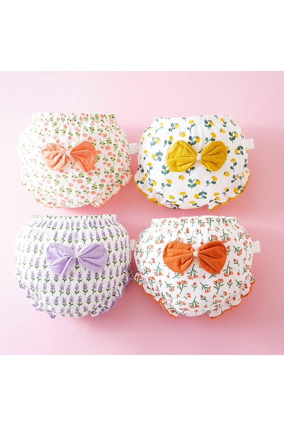 Kids Baby Girls Underpants Cute Cartoon Print Bloomers Ruffles Trim Briefs Underwear Shorts 4 -Pack Comfortable Cute Bow Floral Print Cotton Covers Multipacks Panties ,White,2-3 Years