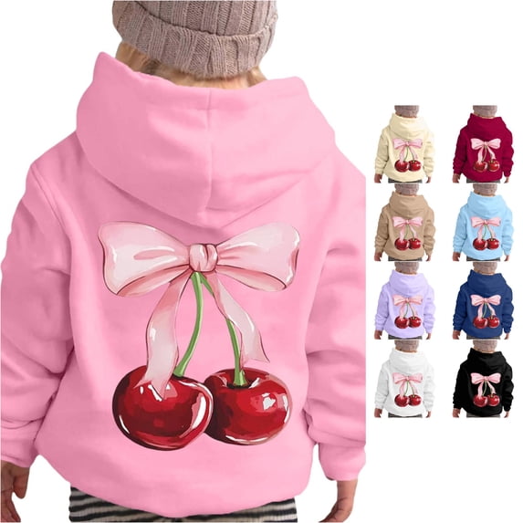 LIIPEE Long Sleeve Hoodie For Girls Fashion Fruit Bow Graphic Hooded Sweatshirt With Pockets Kids Autumn Winter Cute Casual Pullover,12-13 Years