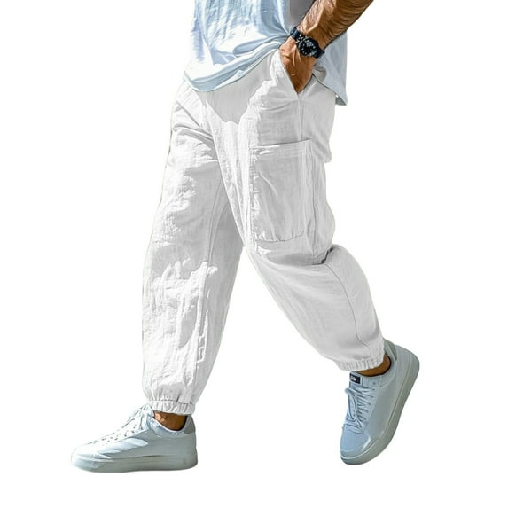 LIIPEE Men Casual Pants Solid Color Ankle Length Straight Leg Pants Male Linen Lightweight Relaxed Fit Trousers Outdoor Activities Comfortable Soft Breathable Daily Pants,White,M