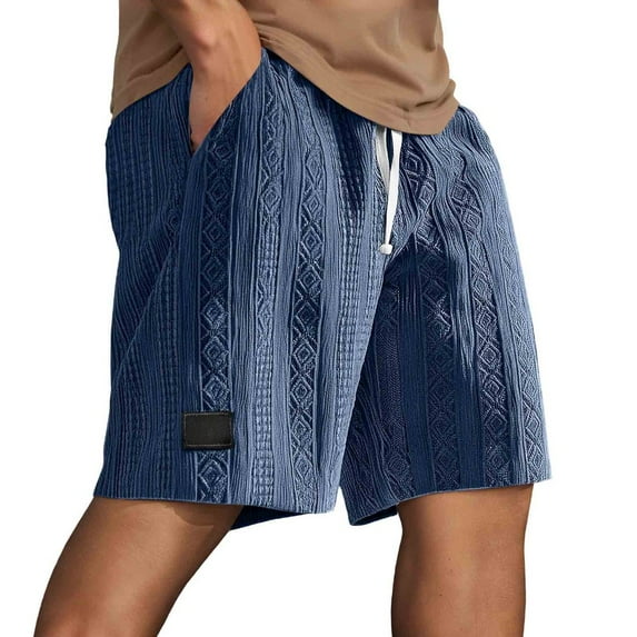 LIIPEE Men Casual Shorts Solid Color Loose Fit Elastic Waist Drawstring Jacquard Shorts With Pockets Male Trendy Fishing Shorts,Navy,Xxxxl