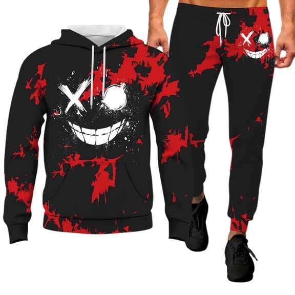 LIIPEE Men Hoodie Outfits Halloween Cartoon Pumpkin Face Printed Long Sleeve Hooded Pullover Sweatshirt Pants Set Man Breathable Indoor Outdoor Wear Outfit,Red,Xxxxl