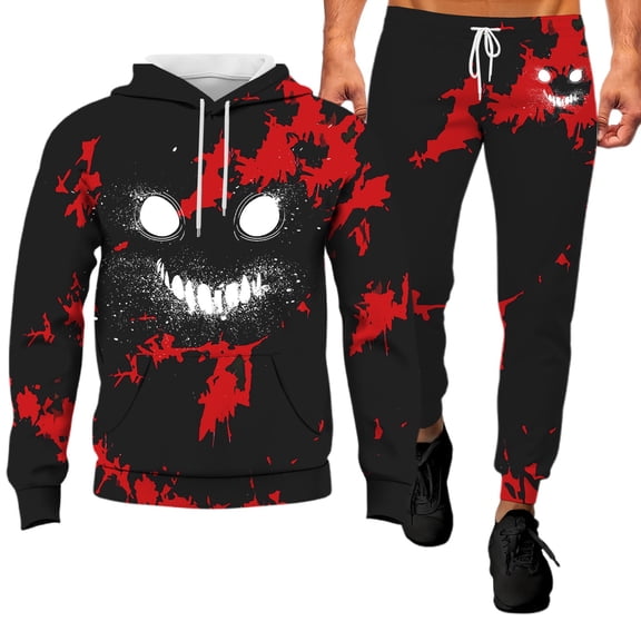 LIIPEE Men Hoodie Outfits Halloween Cartoon Pumpkin Face Printed Long Sleeve Hooded Pullover Sweatshirt Pants Set Man Stylish Casual Daily Party Photoshoot Outfit,Red,M