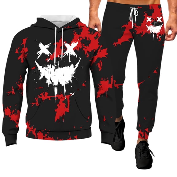 LIIPEE Men Hoodie Outfits Halloween Cartoon Pumpkin Face Printed Long Sleeve Hooded Pullover Sweatshirt Pants Set Man Stylish Indoor Outdoor Wear Outfit,Red,M