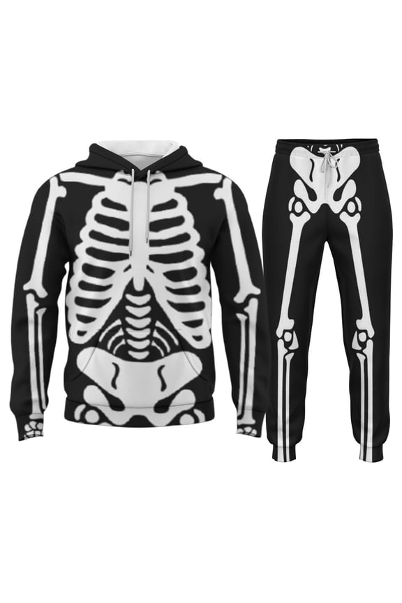 Men Hoodie Outfits Halloween Cartoon Skeleton Printed Long Sleeve Hooded Pullover Sweatshirt Pants Set Man Classic Holiday Party Vacation Outfit,Black,S