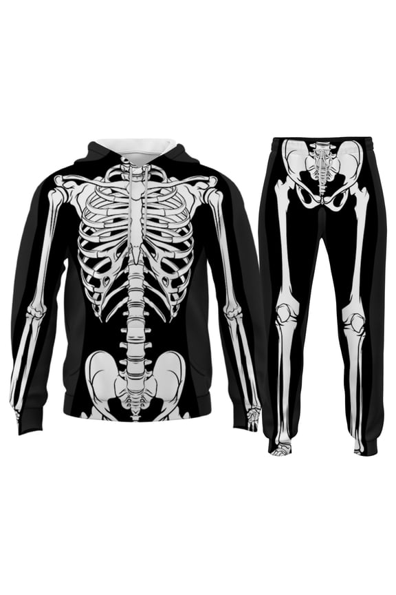 Men Hoodie Outfits Halloween Cartoon Skeleton Printed Long Sleeve Hooded Pullover Sweatshirt Pants Set Man Handsome Birthday Wedding Weekend Outfit,Black,Xxl