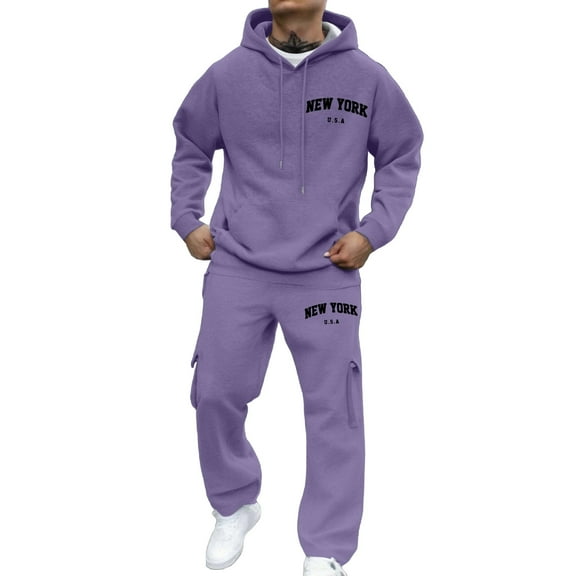 LIIPEE Men Hoodie Outfits Letter Printed Long Sleeve Hooded Pullover Pocket Tops Pants Set Man Leisure Birthday Wedding Weekend Outfit,Purple,Xl