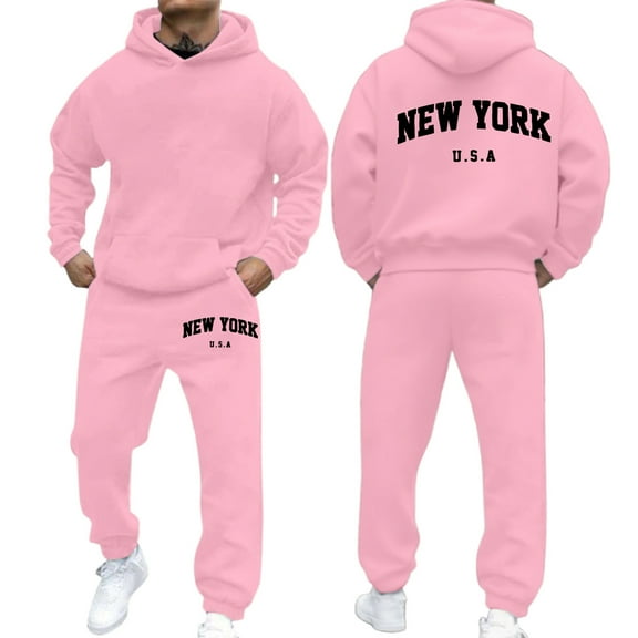 LIIPEE Men Hoodie Outfits Letter Printed Long Sleeve Hooded Pullover Sweatshirt Sweatpants Set Man Comfort Casual Daily Party Photoshoot Outfit,Pink,Xl