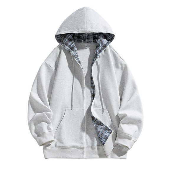 LIIPEE Men Hoodies Color Block Plaid Long Sleeve Drawstring Zip Up Hooded Sweatshirt With Pockets Male Breathable Work Sweatshirts,Light Gray,Xxl