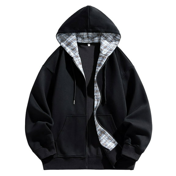 LIIPEE Men Hoodies Color Block Plaid Long Sleeve Drawstring Zip Up Hooded Sweatshirt With Pockets Male Classic Daily Sweatshirts,Black,L