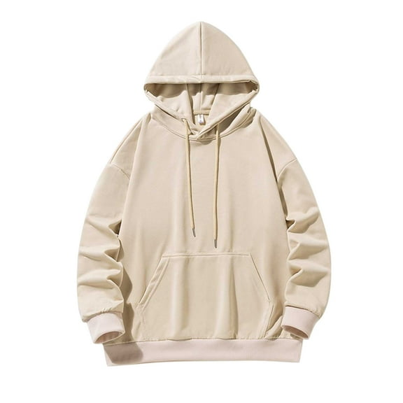 LIIPEE Men Hoodies Solid Color Long Sleeve Drawstring Pullover Hooded Sweatshirt With Pocket Male Casual Daily Sweatshirts,Beige,L