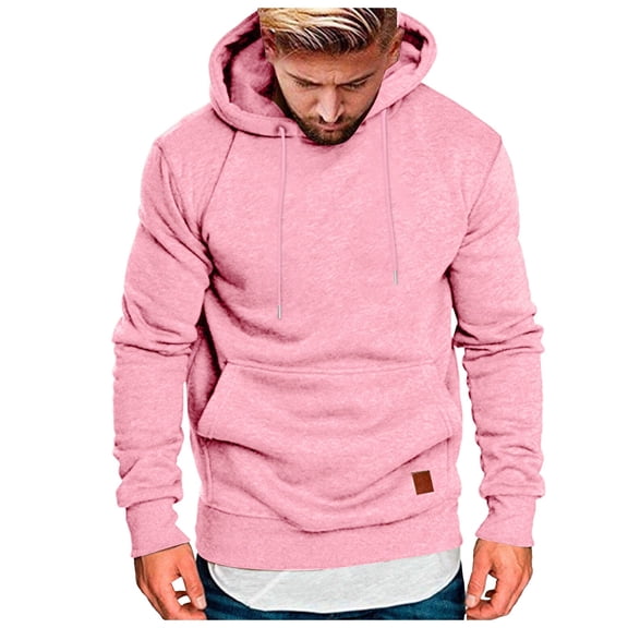 LIIPEE Men Hoodies Solid Color Long Sleeve Drawstring Pullover Hooded Sweatshirt With Pocket Male Trendy Vacation Sweatshirts,Pink,L