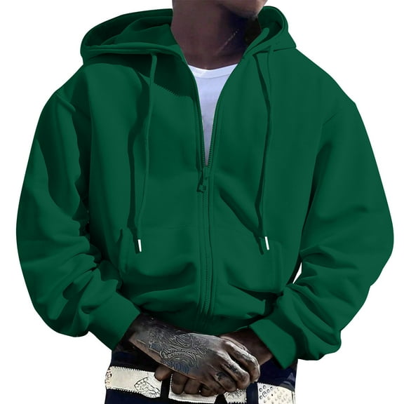 LIIPEE Men Hoodies Solid Color Long Sleeve Drawstring Zip Up Hooded Sweatshirt With Pockets Male Trendy Sport Sweatshirts,Green,Xxl