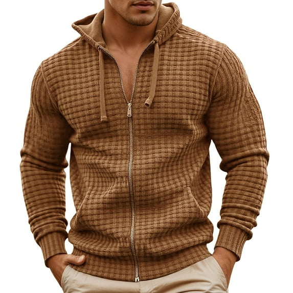 LIIPEE Men Hoodies Solid Color Long Sleeve Hooded Zip Up Tops Man Comfortable Birthday Wedding Weekend Sweatshirts,Brown,S