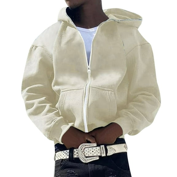LIIPEE Men Hoodies Solid Color Long Sleeve Zip Up Hooded Sweatshirt With Pockets Male Comfort Vacation Sweatshirts,Beige,Xxxl