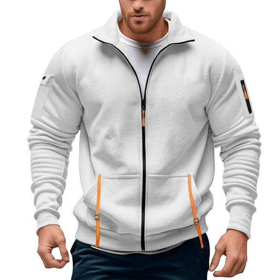 LIIPEE Men Hoodless Casual Solid Color Long Sleeve Stand Collar Zip Up Tops With Pockets Man Casual Indoor Outdoor Wear Sweatshirts,White,Xxxl