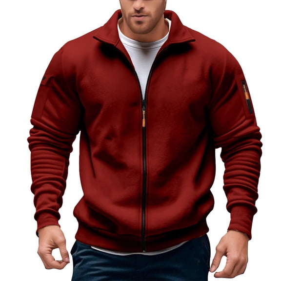 LIIPEE Men Hoodless Casual Solid Color Long Sleeve Stand Collar Zip Up Tops With Pockets Man Comfort Holiday Festival Party Sweatshirts,Wine,M