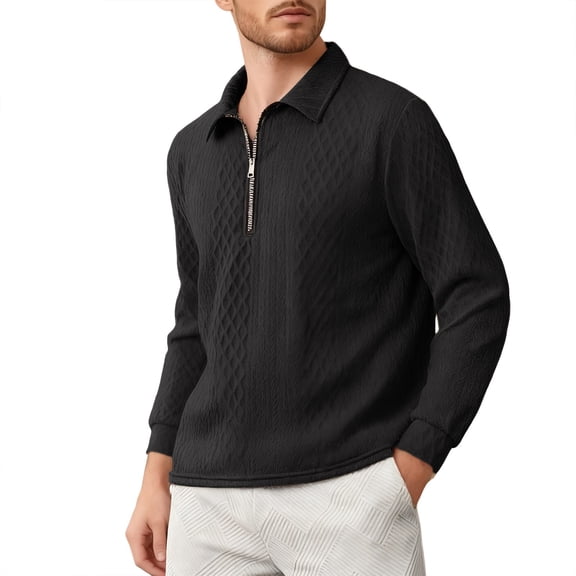 LIIPEE Men Hoodless Casual Solid Color Long Sleeve Turndown Collar Half Zip Pullover Tops Man Classic Indoor Outdoor Wear Sweatshirts,Black,S