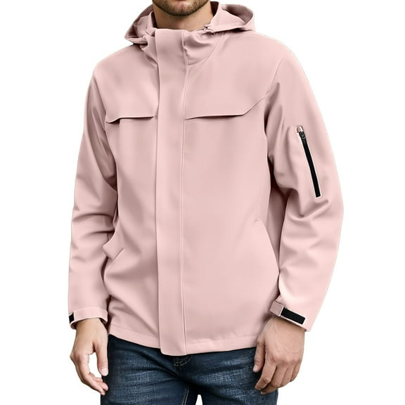 LIIPEE Men Jacket Lightweight Solid Color Long Sleeve Hooded Zip Up Windproof Coat With Pockets Man Comfortable Indoor Outdoor Wear Jackets,Pink,S