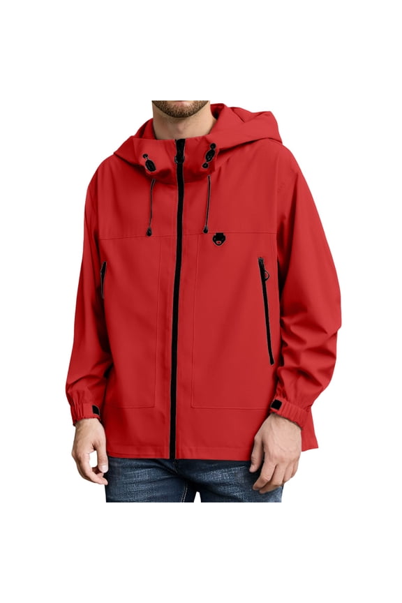 Men Jacket Lightweight Solid Color Long Sleeve Hooded Zip Up Windproof Coat With Pockets Man Trendy Climbing Hiking Camping Cycling Jackets,Red,S