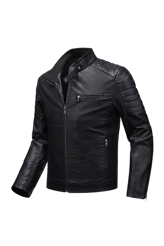 Men Jacket Slim Fit Standing Collar Leather Tops Long Sleeve Solid Color Coat Casual Lightweight Windproof Clothes,Black,XXL