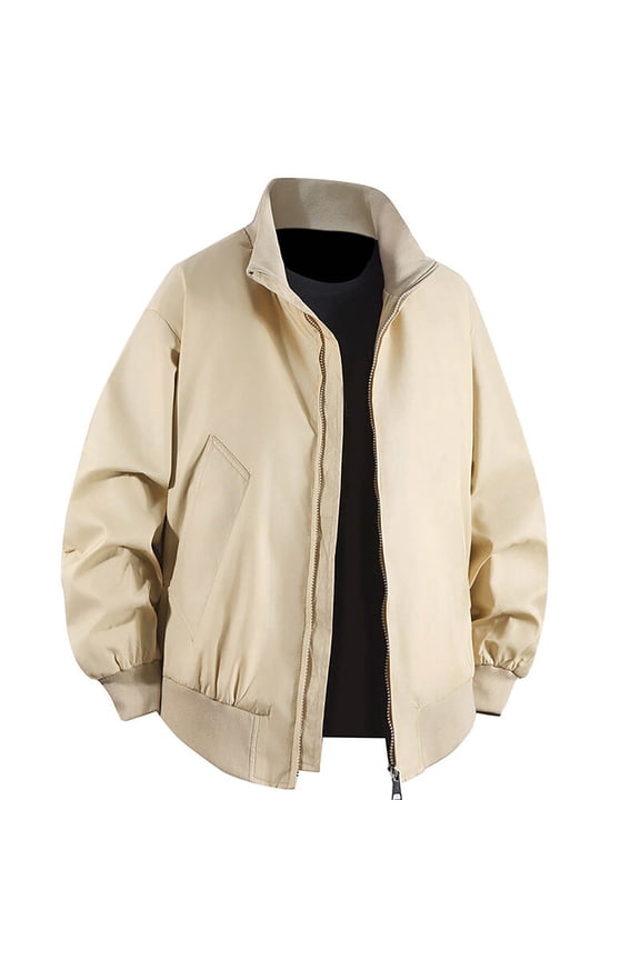 Men Jacket Solid Color Casual Work Lapel Coat Long Sleeve Zipper Lightweight Tops With Pockets Windproof Warm Suit Clothes,Khaki,M