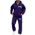 thumbnail image 1 of LIIPEE Men Outfits Fall Winter Warm Letter Printed Long Sleeve Hooded Zip Up Tops Athletic Pants Set Man Classic Holiday Party Vacation Outfit,Dark Purple,L, 1 of 5