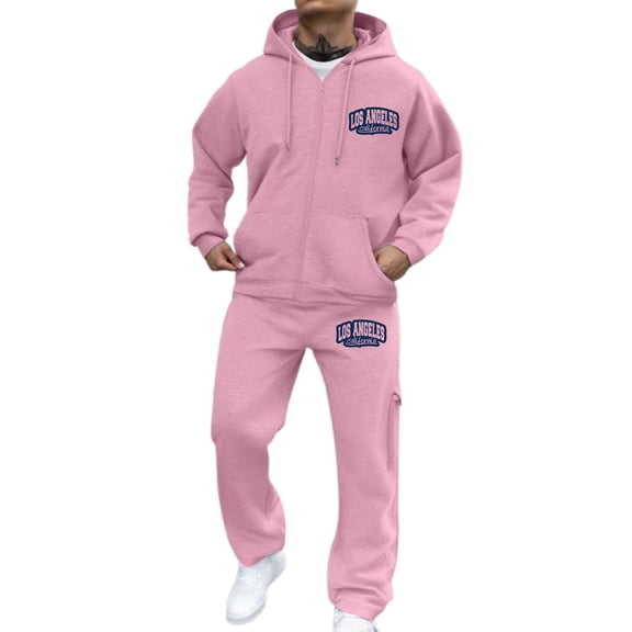 LIIPEE Men Outfits Fall Winter Warm Letter Printed Long Sleeve Hooded Zip Up Tops Athletic Pants Set Man Leisure Birthday Wedding Weekend Outfit,Pink,Xxxl