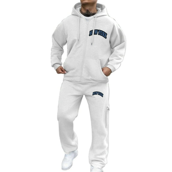 LIIPEE Men Outfits Fall Winter Warm Letter Printed Long Sleeve Hooded Zip Up Tops Athletic Pants Set Man Stylish Birthday Wedding Weekend Outfit,White,S