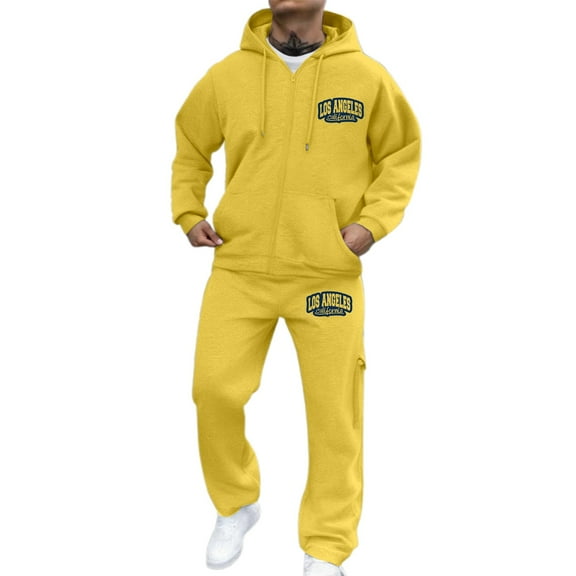 LIIPEE Men Outfits Fall Winter Warm Letter Printed Long Sleeve Hooded Zip Up Tops Athletic Pants Set Man Casual Indoor Outdoor Wear Outfit,Yellow,Xl