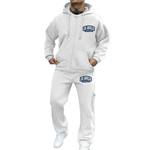 LIIPEE Men Outfits Fall Winter Warm Letter Printed Long Sleeve Hooded Zip Up Tops Athletic Pants Set Man Comfort Indoor Outdoor Wear Outfit,White,Xxl