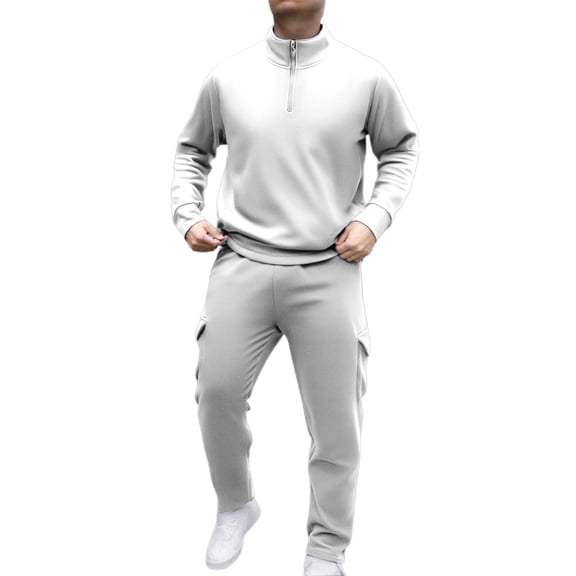 LIIPEE Men Outfits Fall Winter Warm Solid Color Long Sleeve Turtleneck Half Zip Tops Athletic Pants Set Man Comfort Birthday Wedding Weekend Outfit,White,L