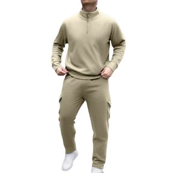 LIIPEE Men Outfits Fall Winter Warm Solid Color Long Sleeve Turtleneck Half Zip Tops Athletic Pants Set Man Comfort Indoor Outdoor Wear Outfit,Khaki,M