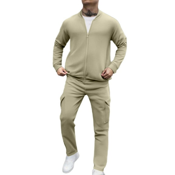 LIIPEE Men Outfits Fall Winter Warm Solid Color Long Sleeve Turtleneck Half Zip Tops Athletic Pants Set Man Handsome Indoor Outdoor Wear Outfit,Khaki,Xxl