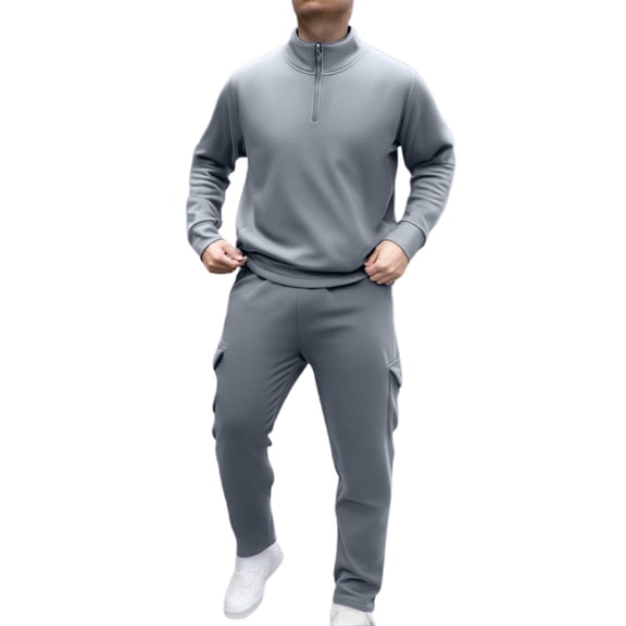 LIIPEE Men Outfits Fall Winter Warm Solid Color Long Sleeve Turtleneck Half Zip Tops Athletic Pants Set Man Leisure Indoor Outdoor Wear Outfit,Light Gray,Xxxl