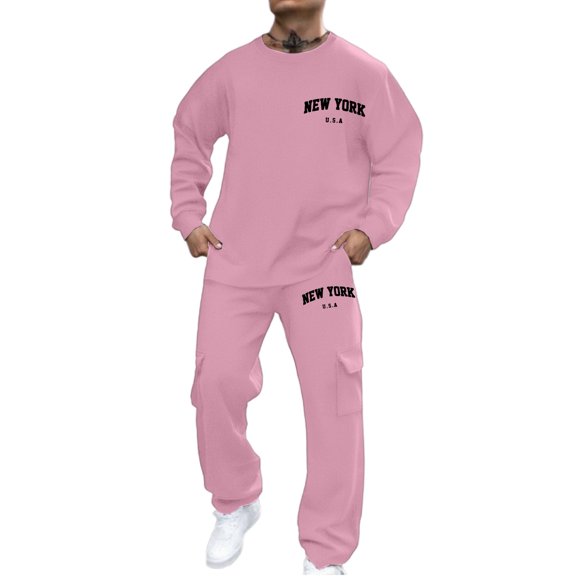 LIIPEE Men Outfits Letter Printed Long Sleeve Round Neck Pullover Tops Pants Set Man Classic Indoor Outdoor Wear Outfit,Pink,M