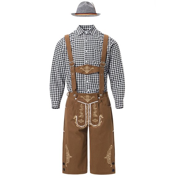 LIIPEE Men Outfits Long Sleeve Turndown Collar Button Shirt Adjustable Strap Suspenders Shorts Hat Set Man Classic Birthday Wedding Weekend Outfit,Coffee,L