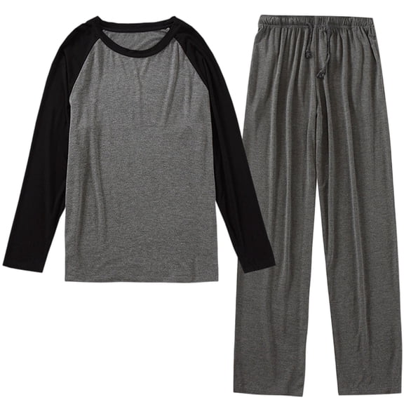 LIIPEE Men Pajamas Outfits Color Block Long Sleeve Round Neck Shirt Solid Color Straight Wide Leg Pants Set Man Breathable Indoor Outdoor Wear Homewear Outfits,Grey,Xxl