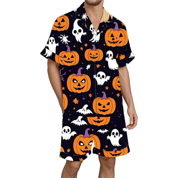 LIIPEE Men Pajamas Outfits Halloween Cartoon Pumpkin Ghost Printed Short Sleeve Turndown Collar Button Shirt Shorts Set Man Leisure Casual Daily Party Photoshoot Pyjamas Pjs Outfits,Black,S