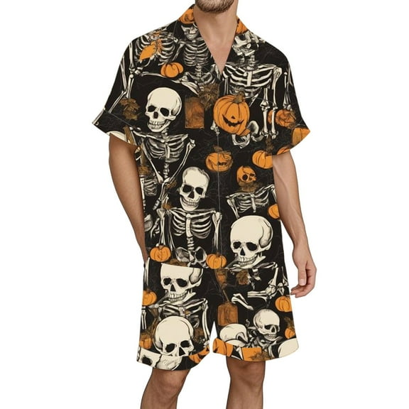 LIIPEE Men Pajamas Outfits Halloween Cartoon Pumpkin Skeleton Printed Short Sleeve Turndown Collar Button Shirt Shorts Set Man Comfort Birthday Wedding Weekend Sleepwear Outfits,Black,M