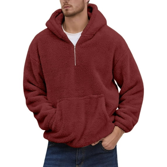 LIIPEE Men Plush Hoodies Casual Solid Color Long Sleeve Hooded Half Zip Fuzzy Pullover Tops With Pocket Man Comfort Indoor Outdoor Wear Sweatshirts,Red,Xxl