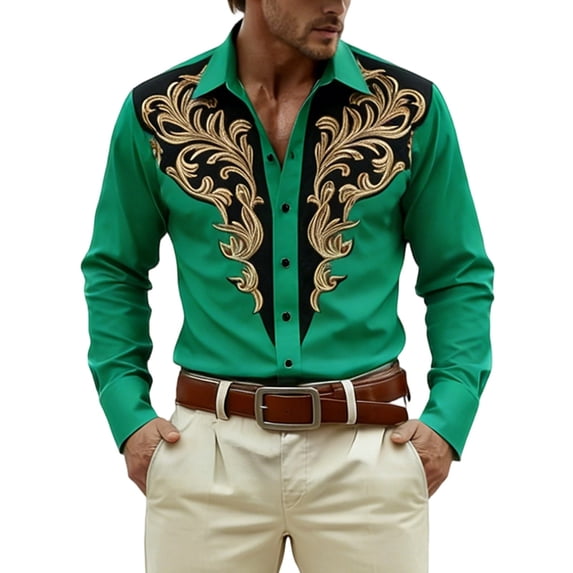 LIIPEE Men Shirts Carnival Party Fashion Graphic Printed Long Sleeve Lapel Button Down Shirt Casual Tops Male Comfortable Breathable Soft Western Cowboy Shirts,M
