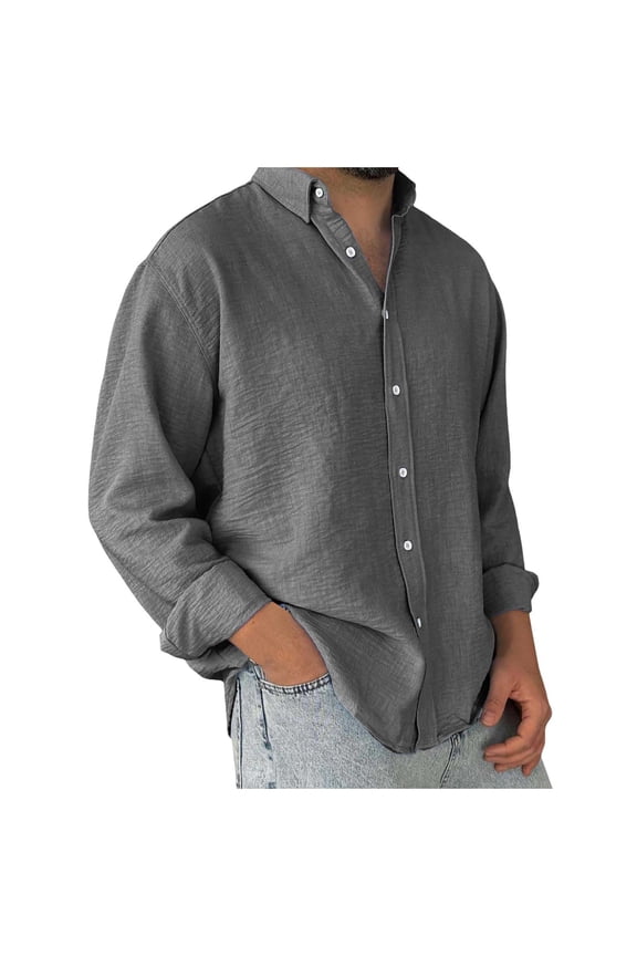 Men Shirts Casual Button Up Long Sleeve Solid Color Lapel Shirt Male Fashion Loose Fit Tops Comfortable Breathable Soft Daily Shirts,Grey,XL