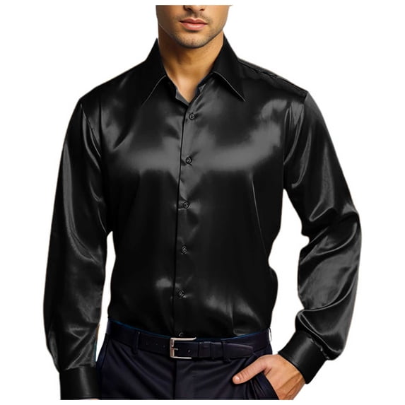 LIIPEE Men Shirts Casual Fashion Solid Color Lapel Long Sleeve Button Up Shirt Male Regular Fit Comfortable Breathable Soft Party Dance Shirts,Black,S