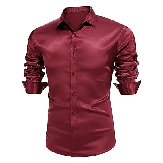 LIIPEE Men Shirts Casual Glossy Vintage Solid Color Long Sleeve Lapel Shirt Male Slim Fit Fashion Button Up Tops Comfortable Breathable Soft Daily Shirts,RD2,XL